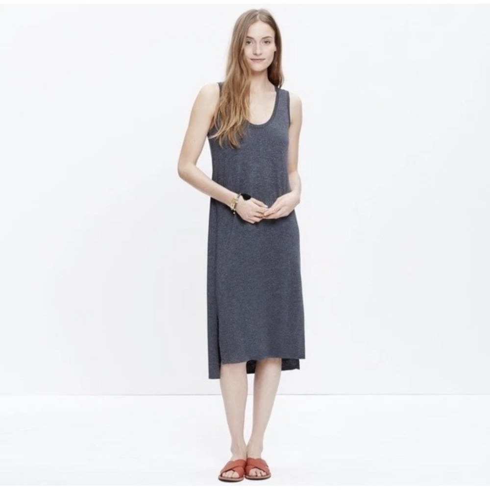 Madewell Sleeveless Midi Dress Small Charcoal Gray Knit Scoop Neck Side Slits - Picture 1 of 7
